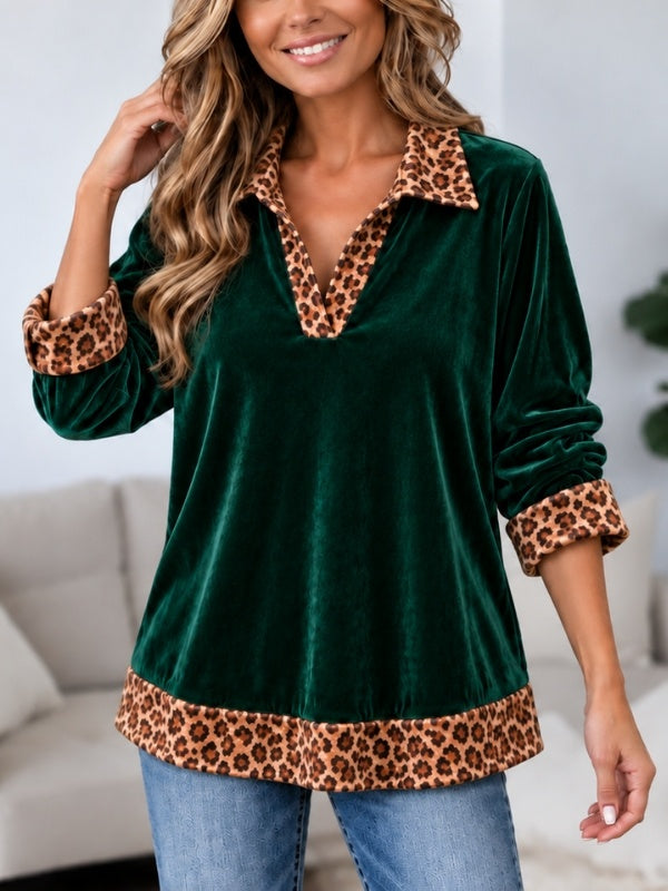 Leopard Trim Velvet V-Neck Tunic