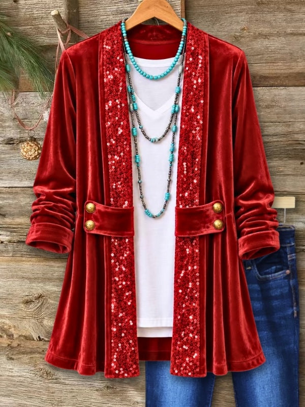 Sequin Trim Velvet Open Front Cardigan
