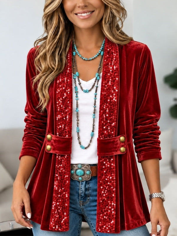 Sequin Trim Velvet Open Front Cardigan