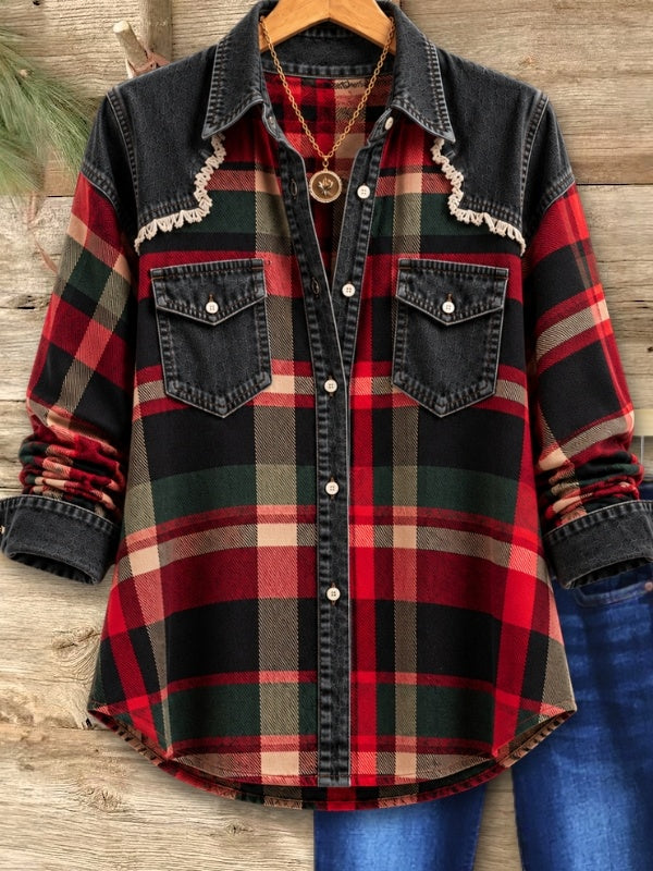 Plaid Patchwork Denim Button Down Shirt