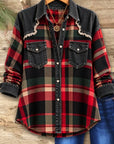 Plaid Patchwork Denim Button Down Shirt