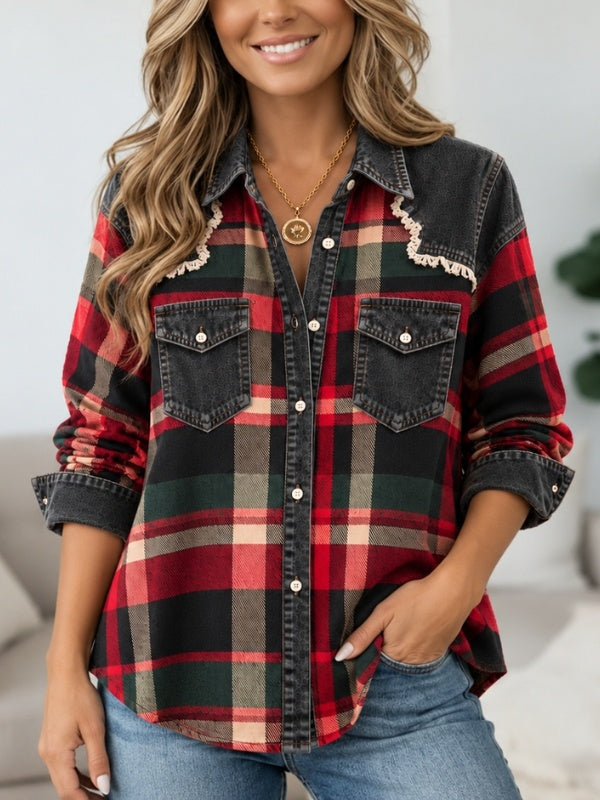 Plaid Patchwork Denim Button Down Shirt