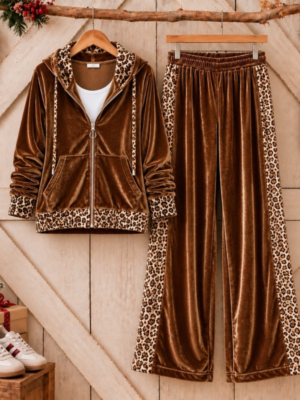 Leopard Print Patchwork Velvet Hoodie Set