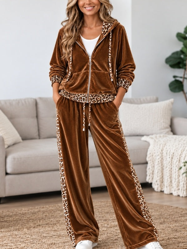 Leopard Print Patchwork Velvet Hoodie Set