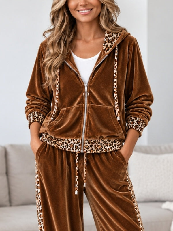 Leopard Print Patchwork Velvet Hoodie Set