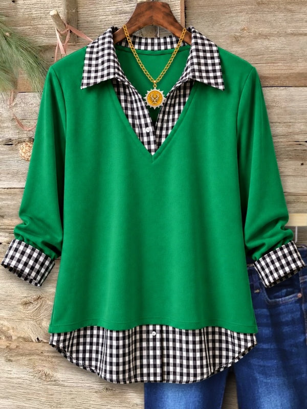 Gingham Patchwork Faux Layered V Neck Top