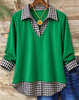 Gingham Patchwork Faux Layered V Neck Top
