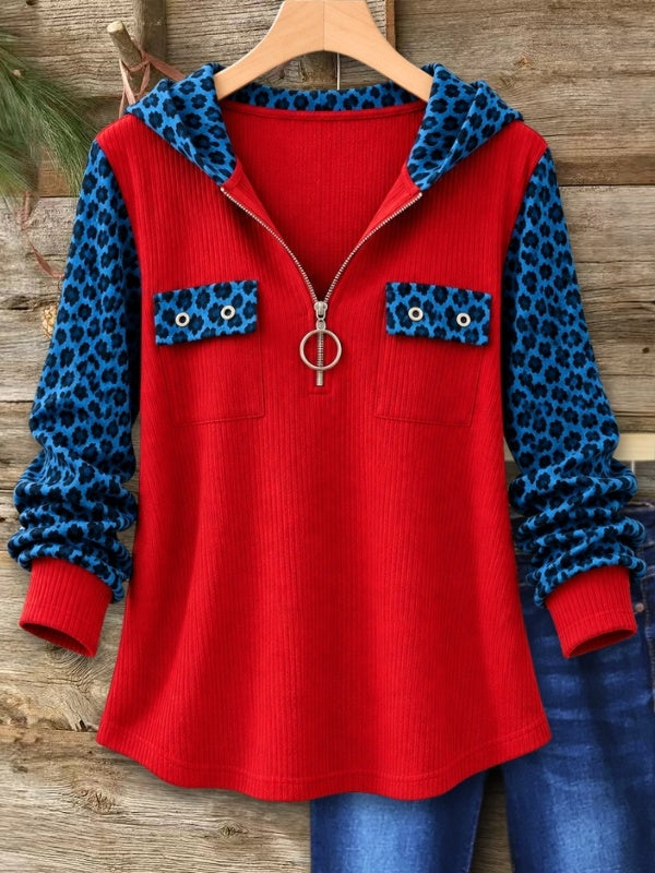 Leopard Patchwork Half Zip Hoodie Tunic