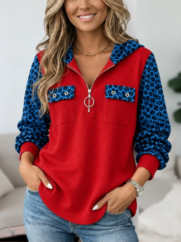 Leopard Patchwork Half Zip Hoodie Tunic