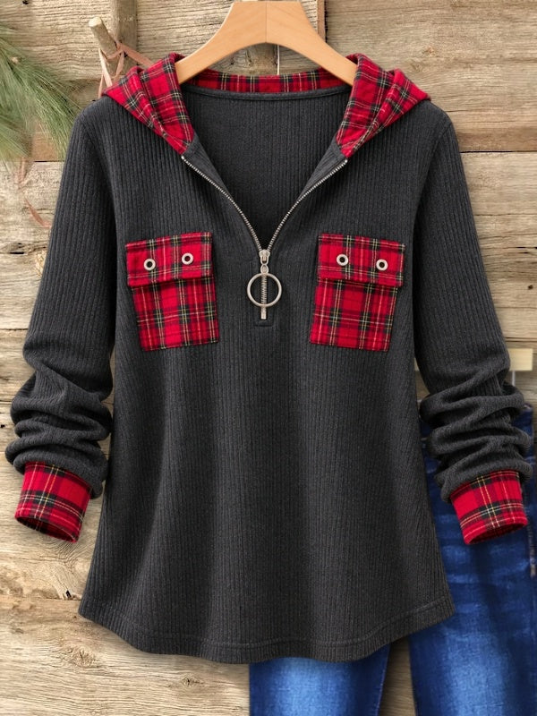 Plaid Patchwork Half Zip Hoodie Tunic