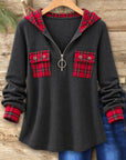 Plaid Patchwork Half Zip Hoodie Tunic
