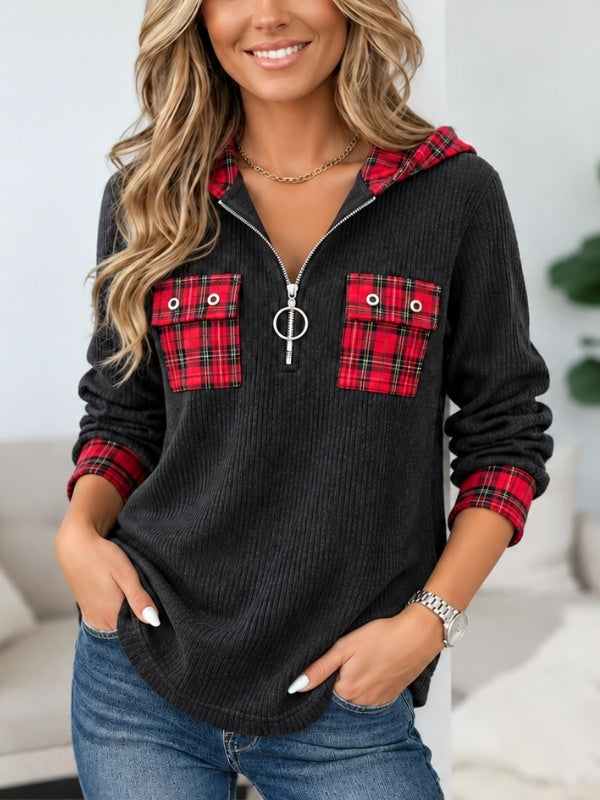 Plaid Patchwork Half Zip Hoodie Tunic