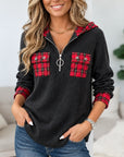 Plaid Patchwork Half Zip Hoodie Tunic