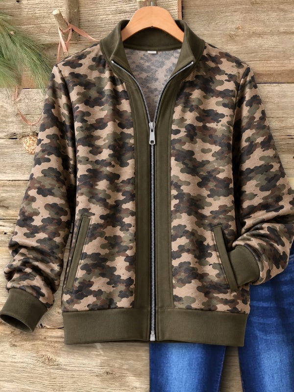 Camo Print Fleece Lined Zip Up Jacket