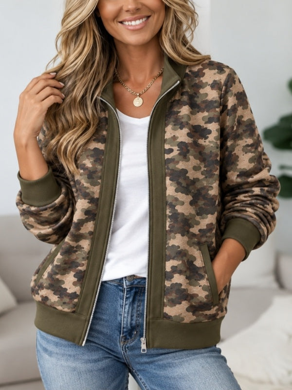 Camo Print Fleece Lined Zip Up Jacket