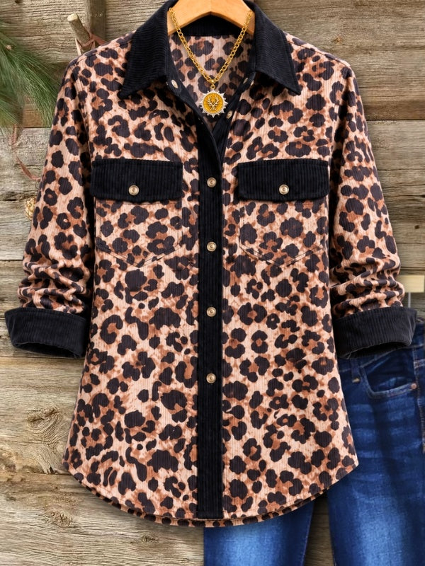 Leopard Print Corduroy Button Down Tunic