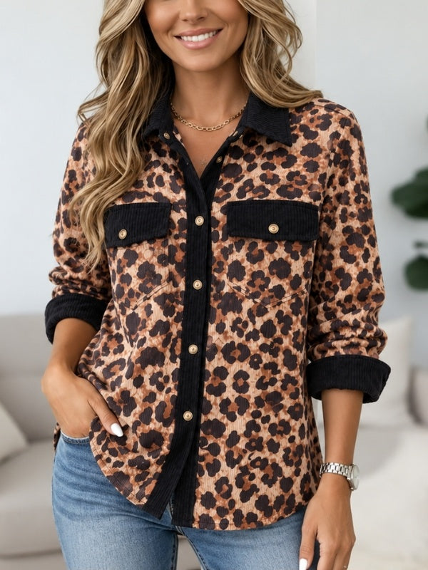 Leopard Print Corduroy Button Down Tunic