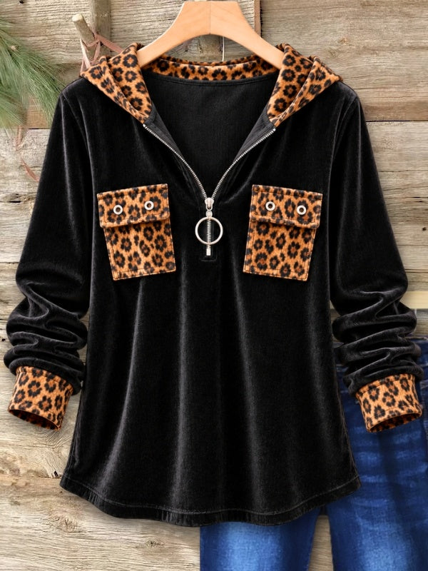 Leopard Patchwork Velvet Zip Hoodie