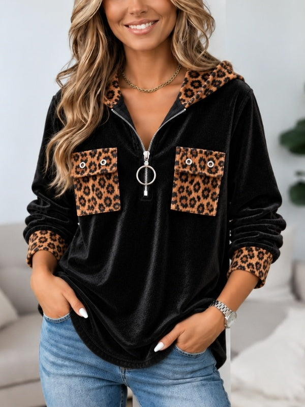 Leopard Patchwork Velvet Zip Hoodie