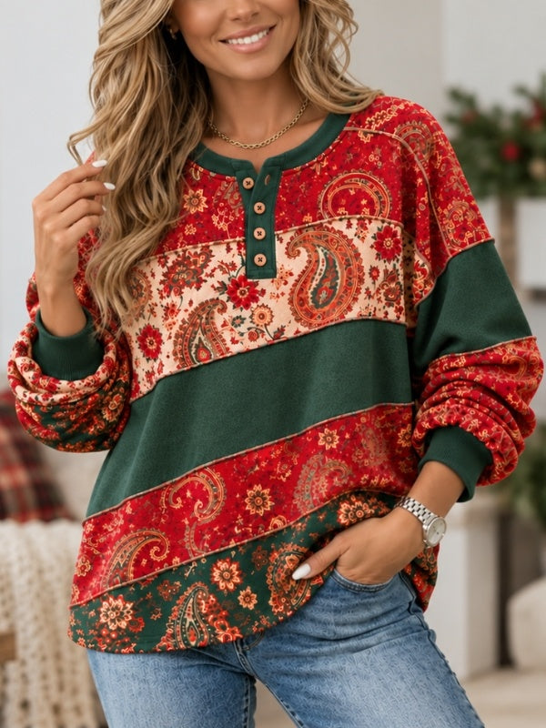 Paisley Patchwork Henley Sweatshirt