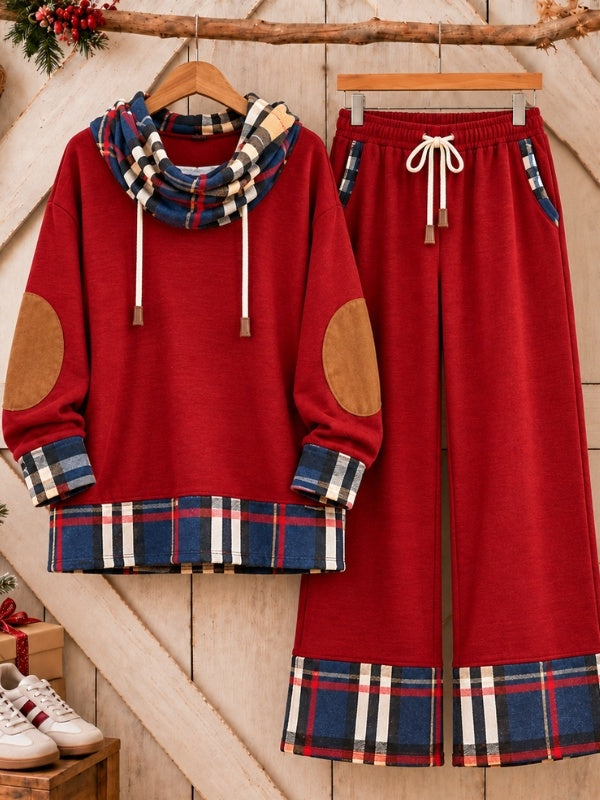 Plaid Patchwork Cowl Neck Lounge Set