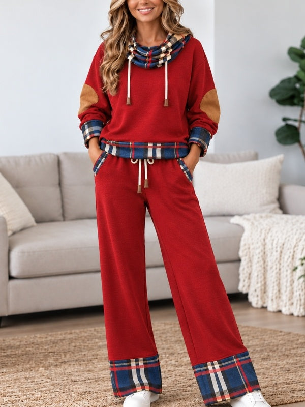 Plaid Patchwork Cowl Neck Lounge Set