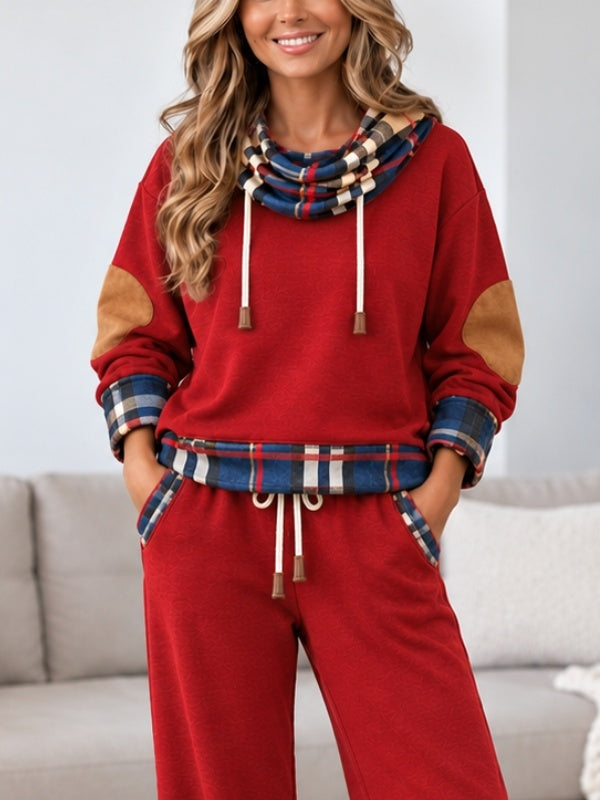 Plaid Patchwork Cowl Neck Lounge Set