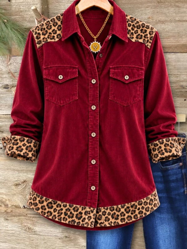 Leopard Patchwork Corduroy Button Down Shirt