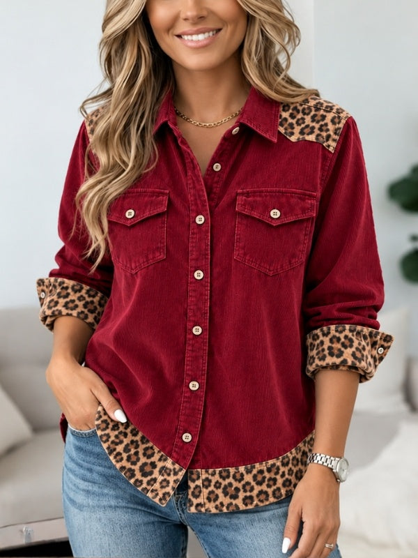 Leopard Patchwork Corduroy Button Down Shirt