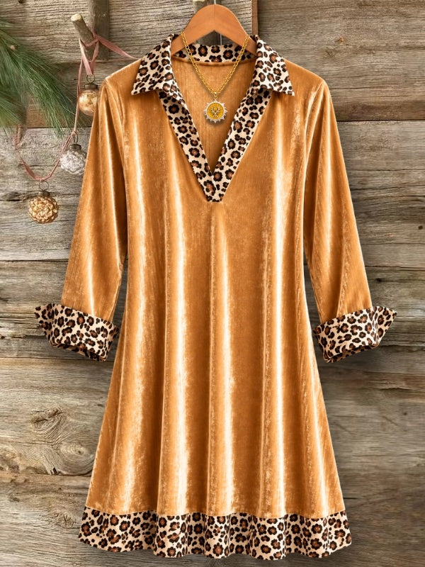 Leopard Trim Velvet V Neck Dress