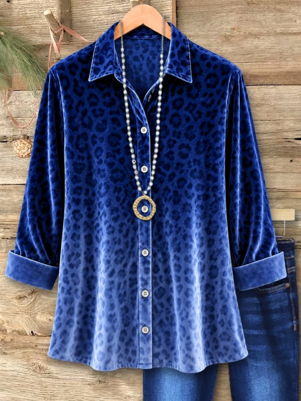 Blue Leopard Print Velvet Tunic Shirt