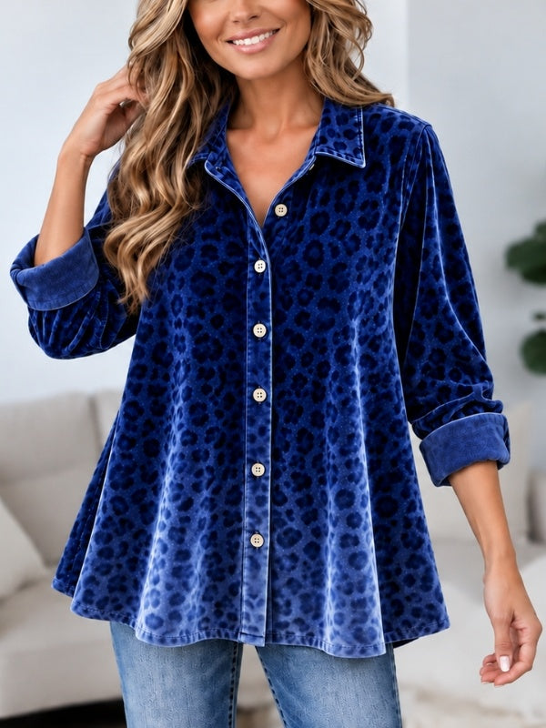 Blue Leopard Print Velvet Tunic Shirt