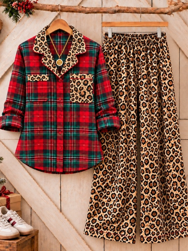 Christmas Plaid &amp; Leopard Print Knit Lounge Set