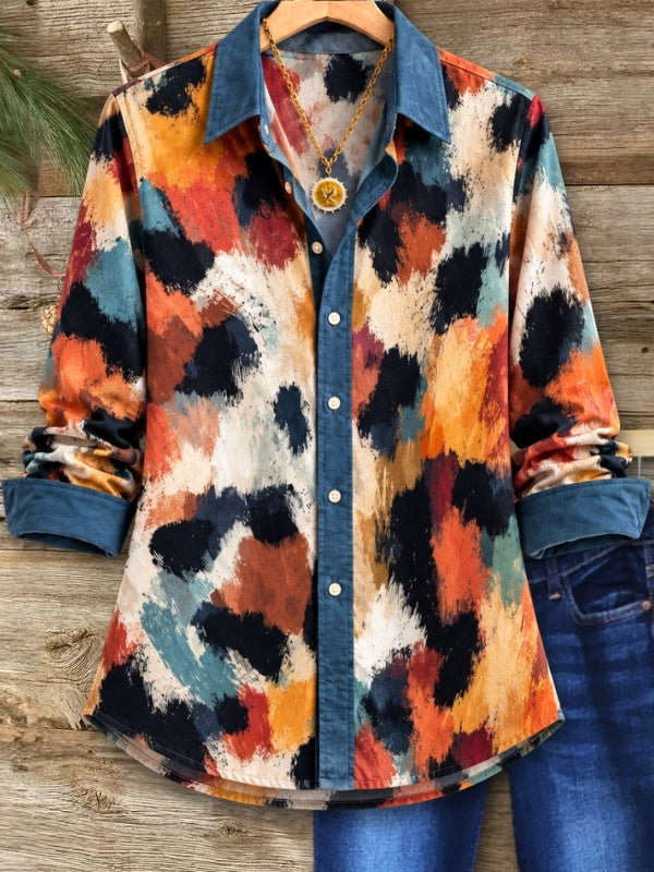 Abstract Print Chambray Trim Tunic Shirt