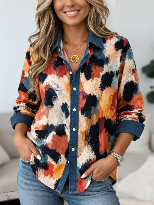 Abstract Print Chambray Trim Tunic Shirt