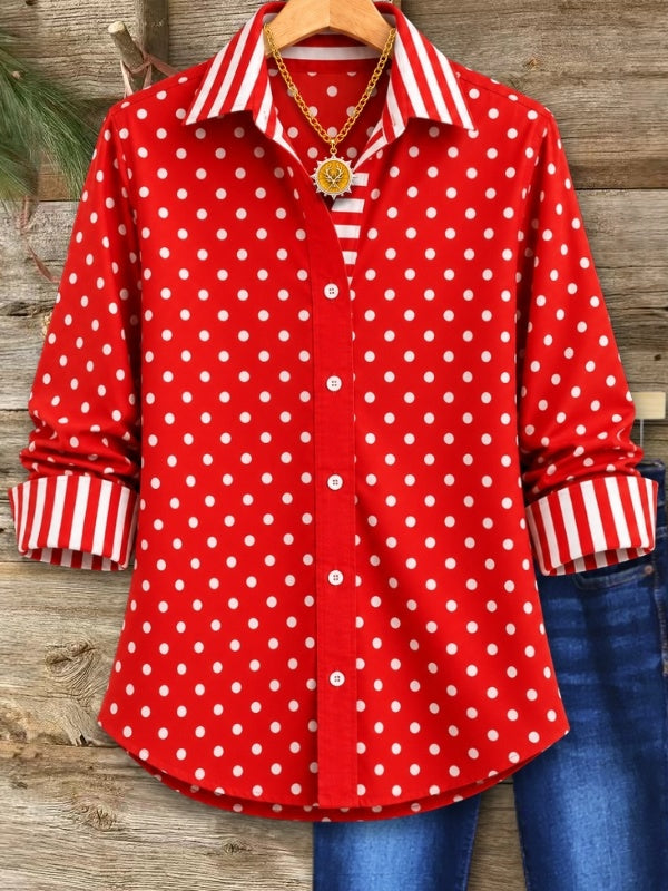Red Polka Dot Striped Collar Shirt