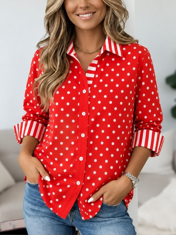 Red Polka Dot Striped Collar Shirt