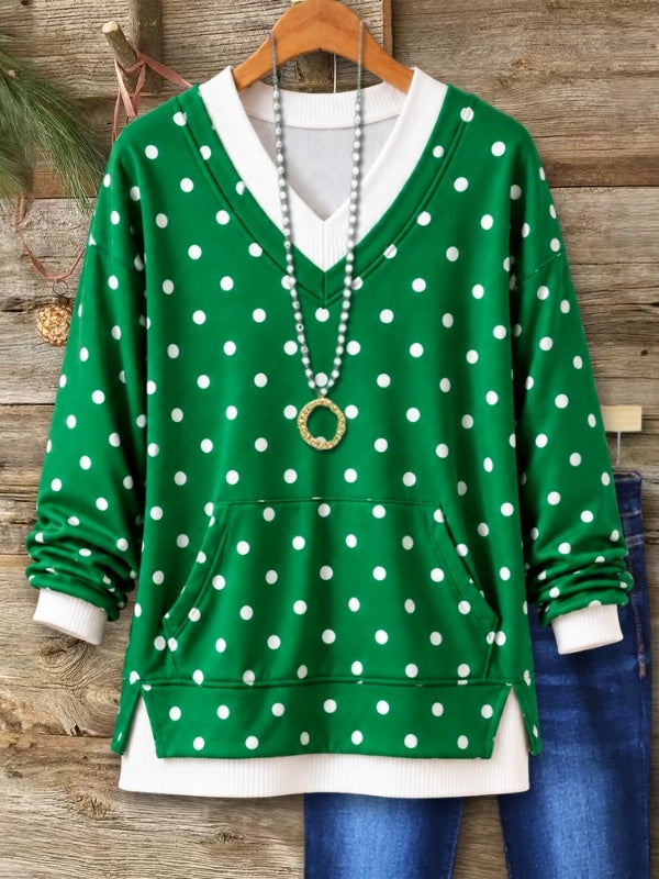 Green Polka Dot Layered V-Neck Sweatshirt
