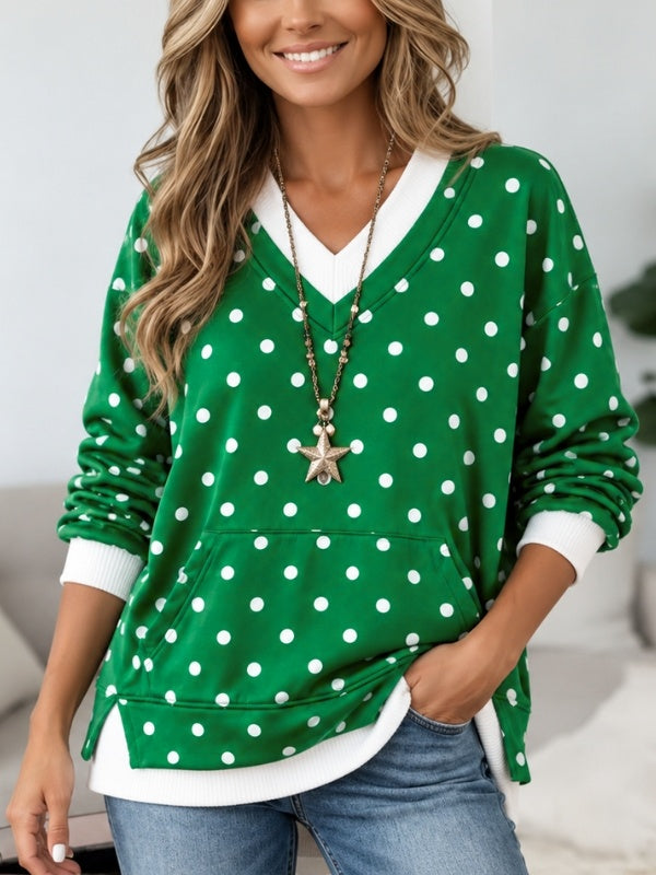 Green Polka Dot Layered V-Neck Sweatshirt