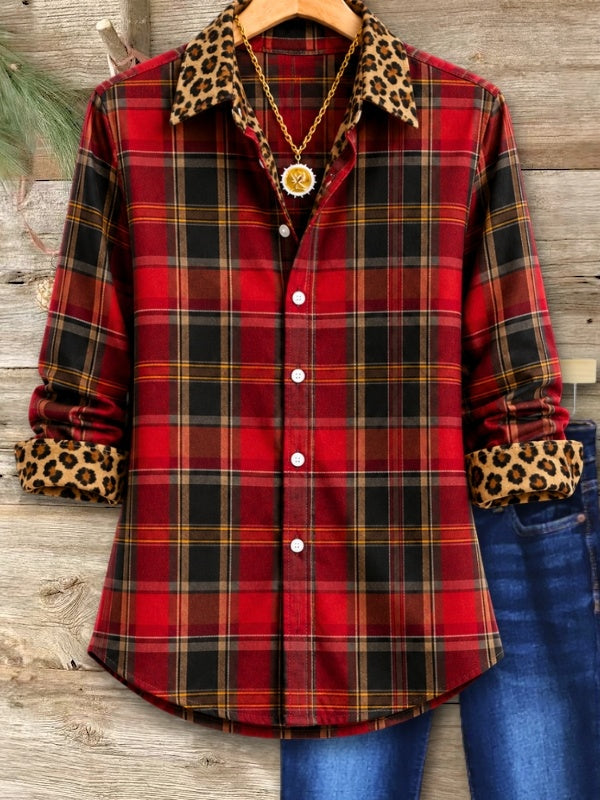 Red Plaid Leopard Trim Button Down Shirt