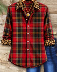 Red Plaid Leopard Trim Button Down Shirt