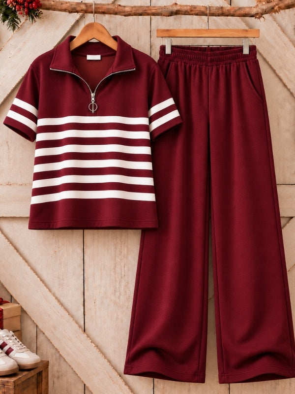 Striped Half Zip Pants Set
