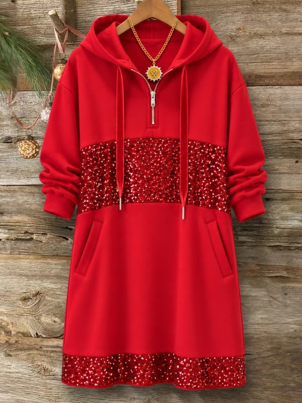 Sequin Patchwork Hoodie Midi Dress