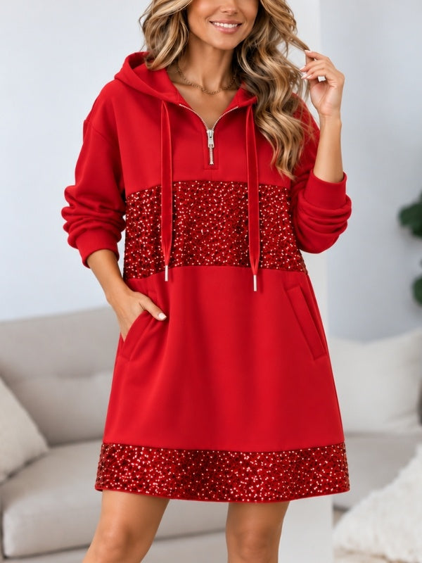 Sequin Patchwork Hoodie Midi Dress
