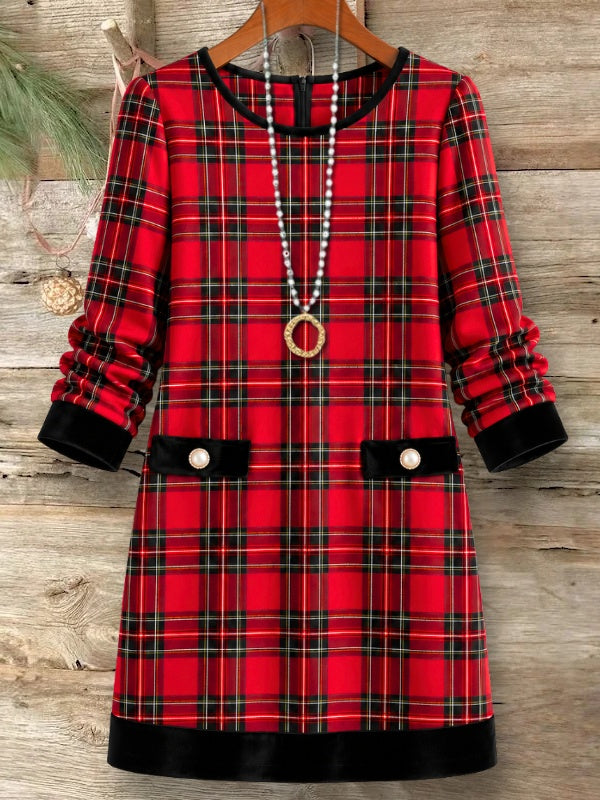 Plaid Velvet Trim Midi Dress