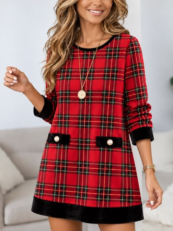 Plaid Velvet Trim Midi Dress
