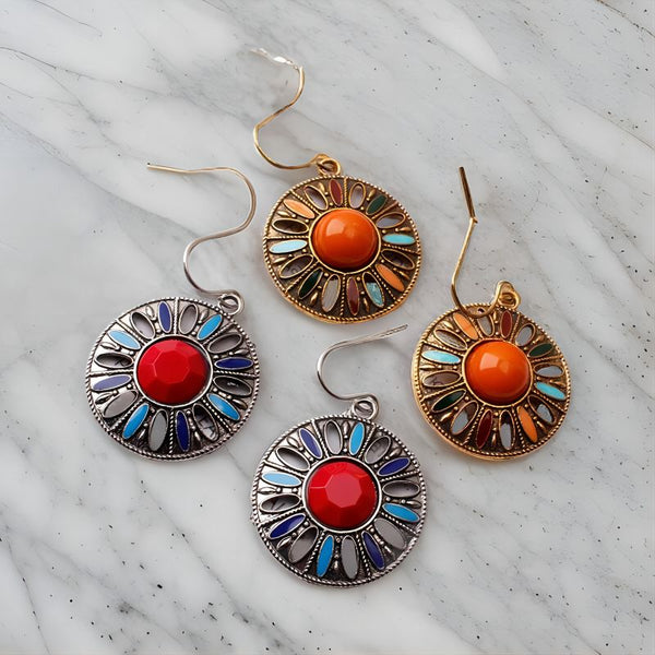 Antique Bronze with Orange/Blue Boho Chic Statement Earrings