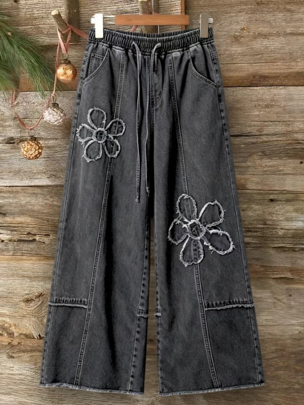 Floral Appliqué Wide Leg Jeans