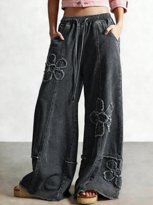Floral Appliqué Wide Leg Jeans