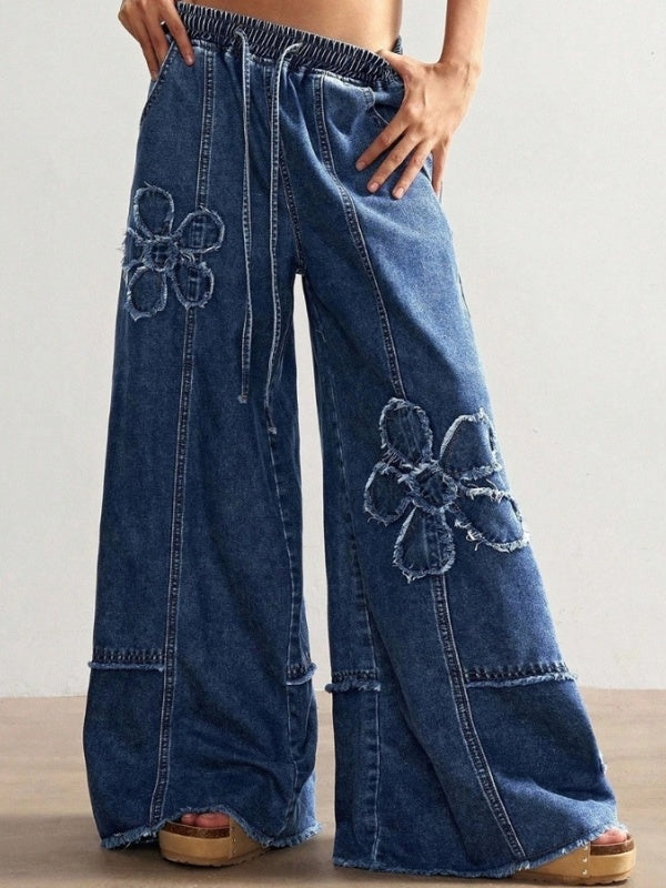 Floral Appliqué Wide Leg Jeans